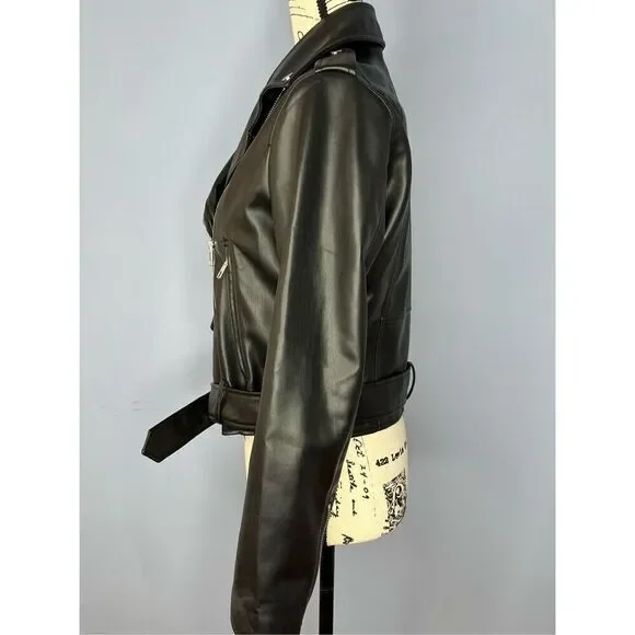 Zara US Medium Black Faux Leather Motorcycle Moto Jacket Pockets - Picture 4 of 13